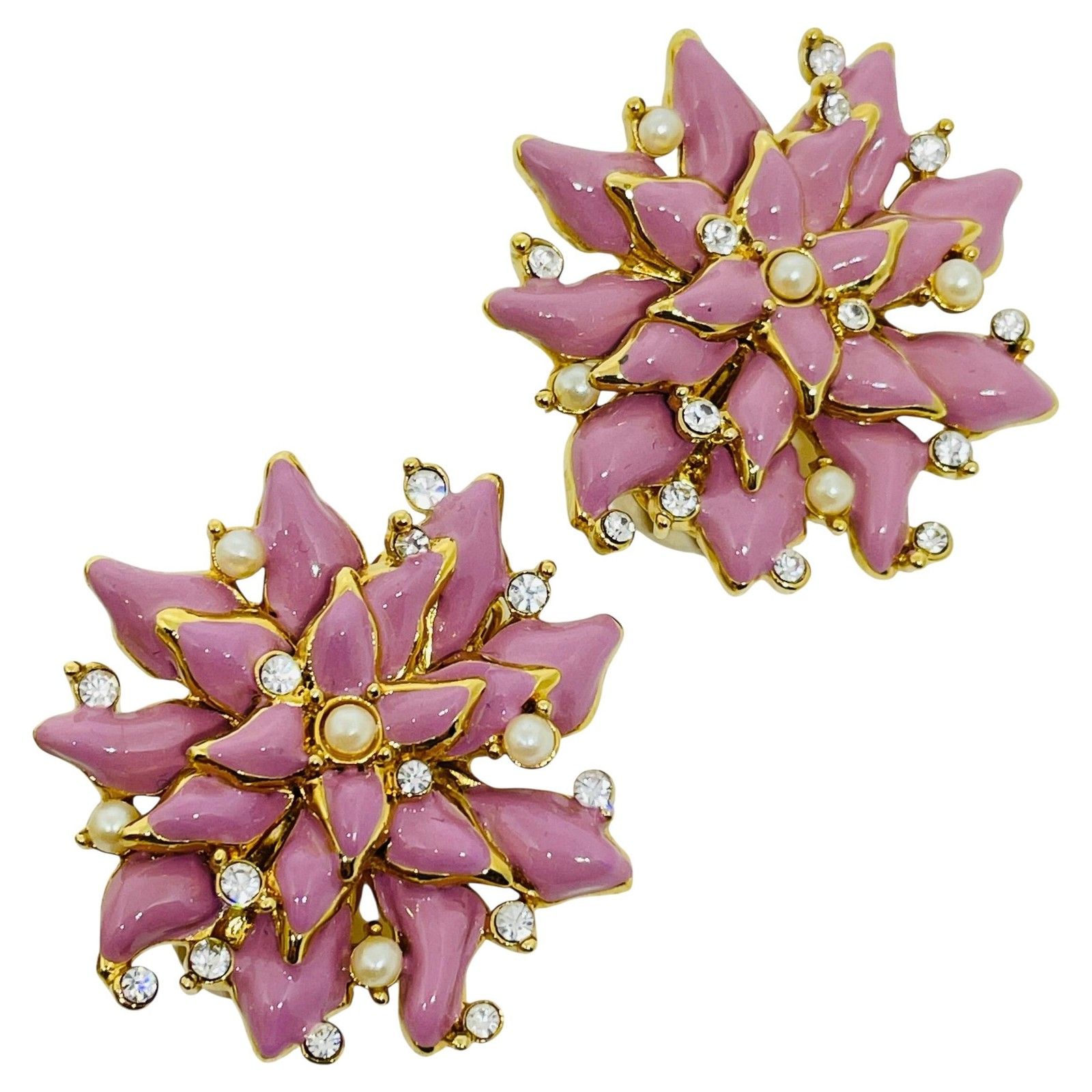 St. John Signed Vintage Gold Tone Pink Enamel Rhinestone Designer Clip Earrings